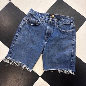 Vtg 90 Mossimo Gene USA Mens Denim Jean Shorts Blue Distressed Cutoff Size 31